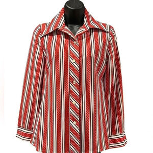 Vtg Disco 70s Boden Knits Dagger Collar Button Down Red White Womens Shirt Small